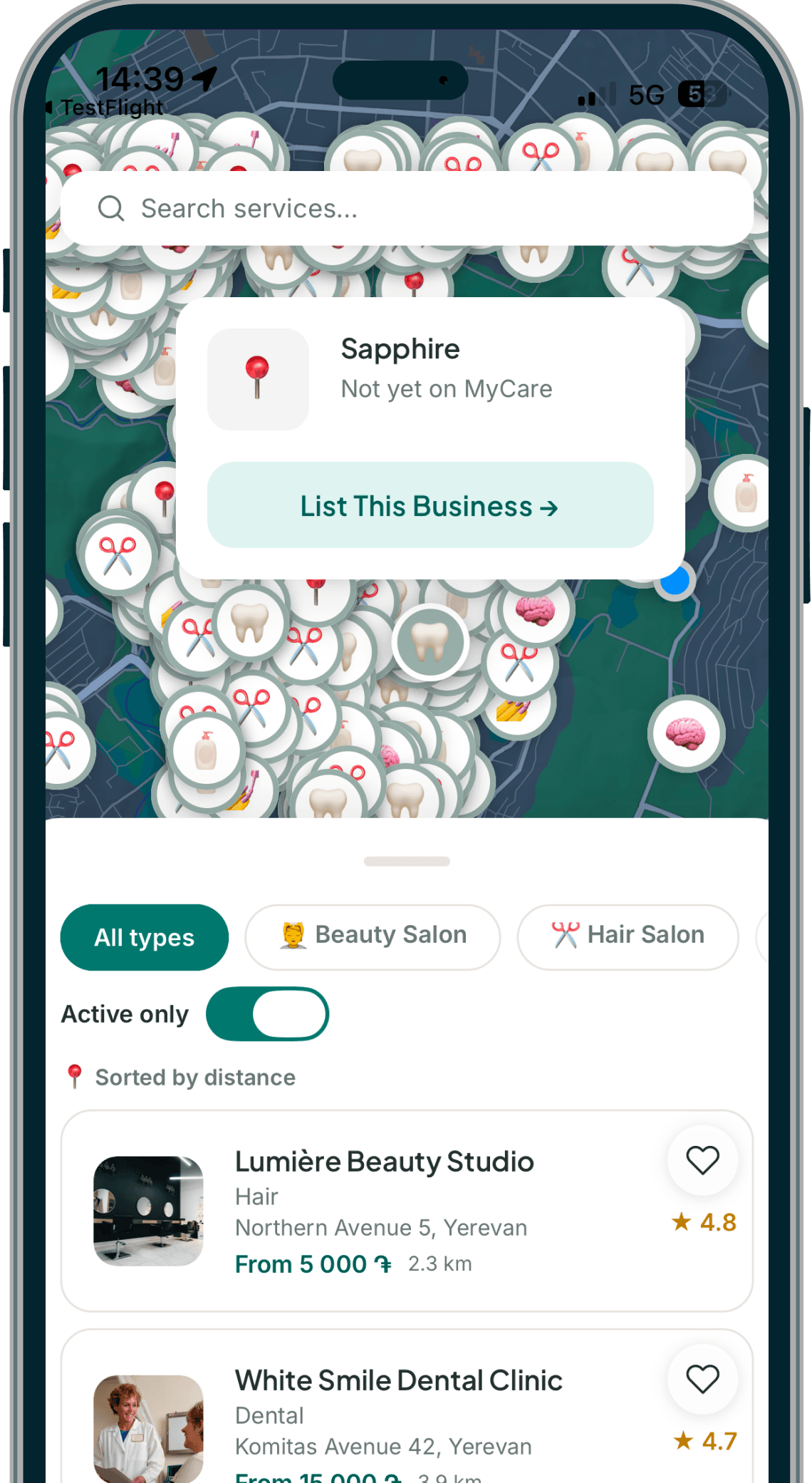 MyCare app — salons and clinics on a live map